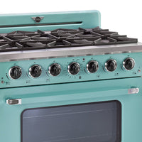 Classic Retro by Unique 36" 5.2 Cu. Ft. 6-Burner Gas Range with Convection - Ocean Mist Turquoise - UGP-36CR T | Cuisinière à gaz Classic Rétro par Unique de 36 po et de 5,2 pi3 à 6 brûleurs avec convection - turquoise brume marine - UGP-36CR T | UGP36CRT